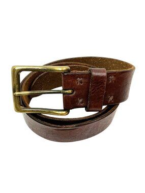 Vintage Full-Grain Leather Belt Brass Buckle Mens 34 Brown